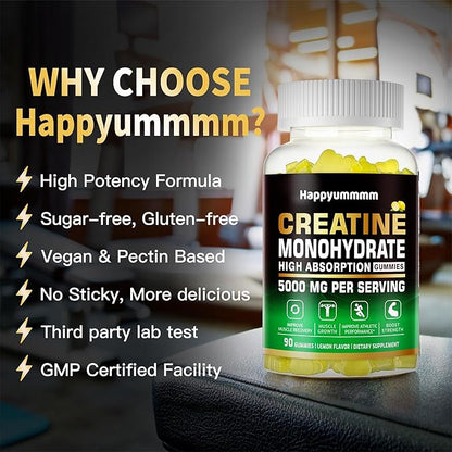 Creatine Monohydrate Gummies 5g for Men Women - Sugar Free Chewable Supplement. 180 Gummies Lemon.
