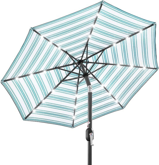 Best Choice Products 10ft Solar Polyester LED Lighted Patio Umbrella w/Tilt Adjustment and UV-Resistant Fabric - Striped Sky Blue
