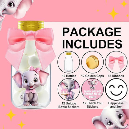 Small 12 Pack Pink Elephant Party Favors - Candy Jars with Ribbons and Stickers - DIY Party Decoration Bottles for Baby Shower, Birthday, Gender Reveal, and Classroom - Girl Table Centerpiece