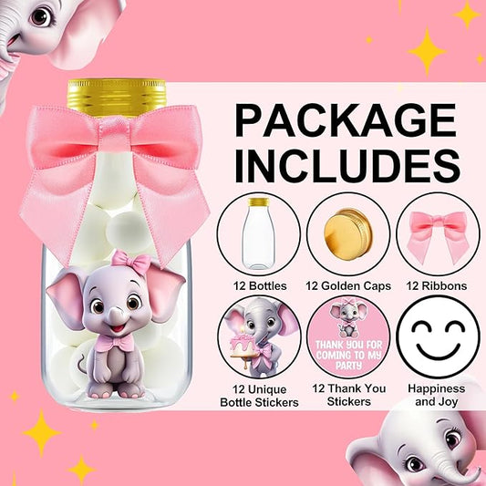 Small 12 Pack Pink Elephant Party Favors - Candy Jars with Ribbons and Stickers - DIY Party Decoration Bottles for Baby Shower, Birthday, Gender Reveal, and Classroom - Girl Table Centerpiece