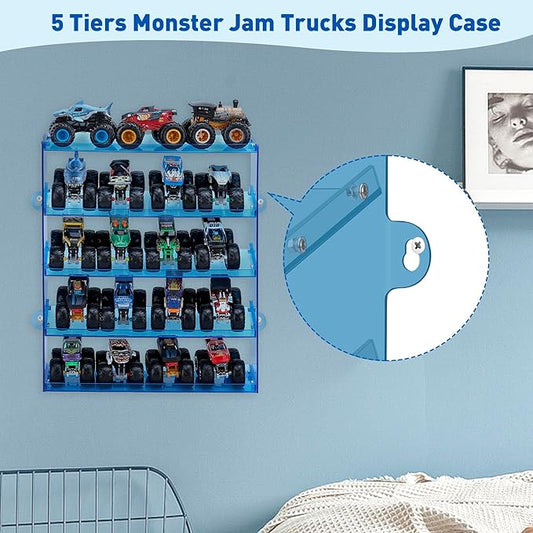 Assembly Monster Trucks Display Case - 5 Tier Acrylic Storage Case with Tilted Design, Organizer for 20 Toy Trucks (Blue)