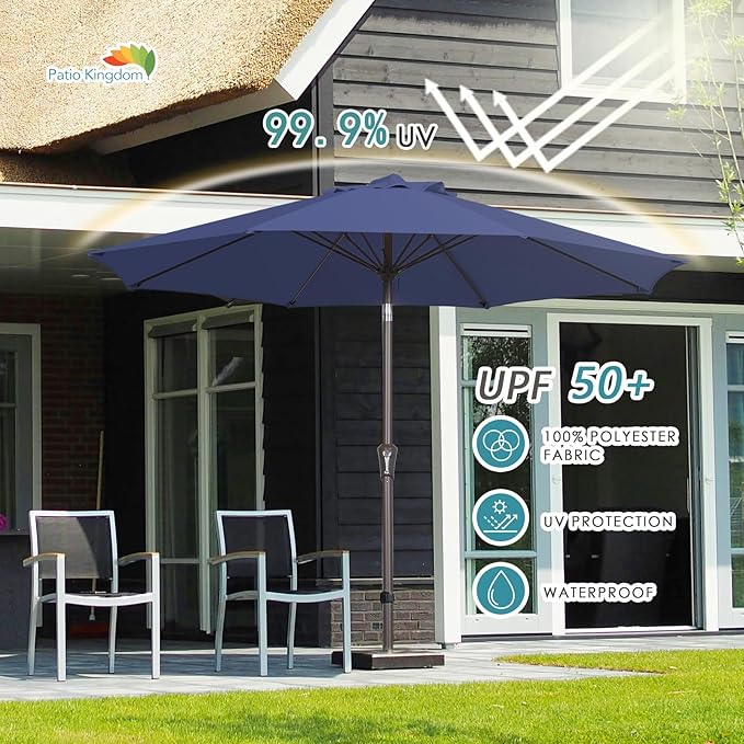 PatioKingdom 9FT Patio Outdoor Umbrella-UPF 50+ Sun Shade with Wind Vent, Push-Button Tilt & Smooth Crank Lift, Rust-Resistant Fiberglass Frame for Garden, Backyard,Yard