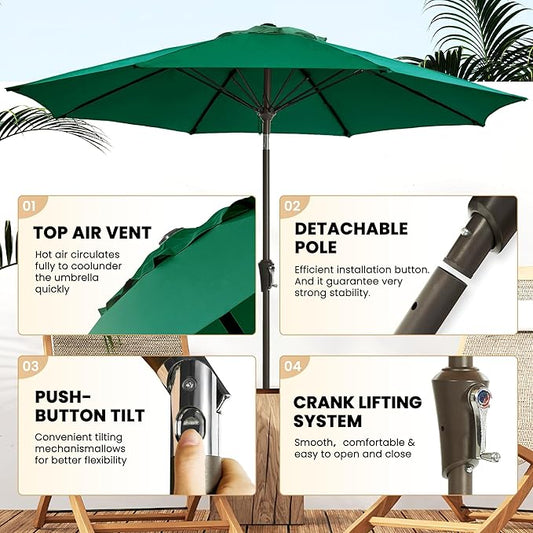 Ayge 9FT Large Outdoor Patio Umbrella Market Table Umbrella-UV Resistant, Easy Push Button Tilt and Crank, 8 Sturdy Fiberglass Ribs Heavy-Duty Pool Umbrella for Deck, Backyard,Garden