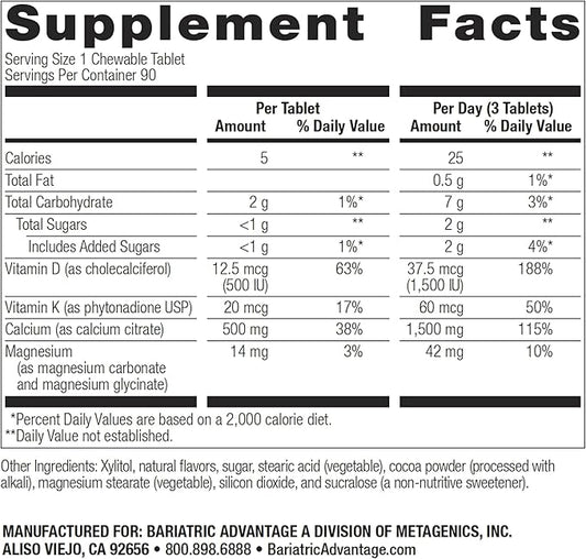Bariatric Advantage Calcium Citrate Chewable 500 mg - for Bariatric Surgery Patients - High-Potency, Easy-Digest Tablets - Calcium Citrate - Bone Strength Supplements* - 90 Count - Chocolate