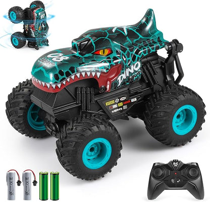 DYODYORC Remote Control Car, 2.4Ghz All Terrain Dinosaur Monster Truck Toys, RC Truck with Music, 3 Lighting Effects, 360 Stunt Capable, All Included Ready to Run, Toy Gifts for Boys and Girls (Cyan)