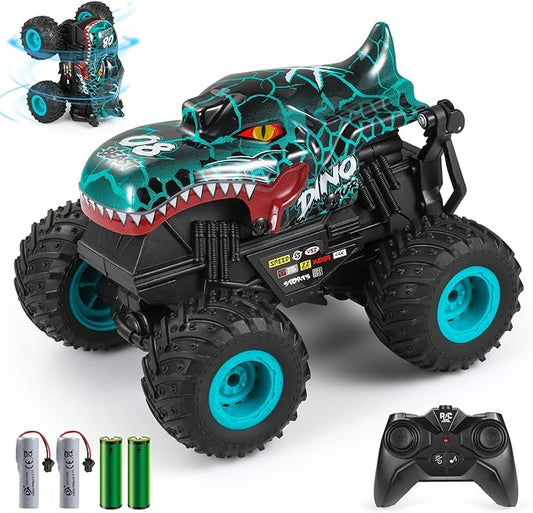 DYODYORC Remote Control Car, 2.4Ghz All Terrain Dinosaur Monster Truck Toys, RC Truck with Music, 3 Lighting Effects, 360 Stunt Capable, All Included Ready to Run, Toy Gifts for Boys and Girls (Cyan)