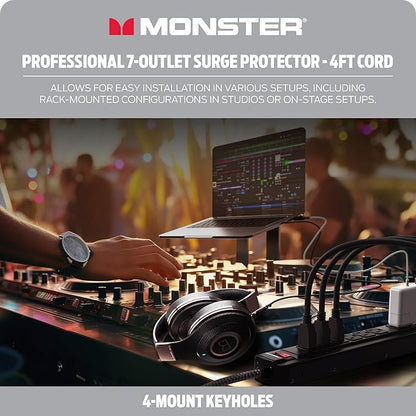 Monster Pro MI Professional Surge Protector Power Strip with Fireproof MOV Technology for Computers, Amplifiers, Pedal Boards, and Pro Audio Gear, 1350 Joule, 4 ft Cord, 7 Outlet Power Strips