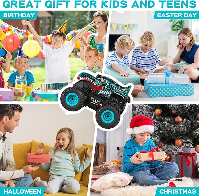 DYODYORC Remote Control Car, 2.4Ghz All Terrain Dinosaur Monster Truck Toys, RC Truck with Music, 3 Lighting Effects, 360 Stunt Capable, All Included Ready to Run, Toy Gifts for Boys and Girls (Cyan)