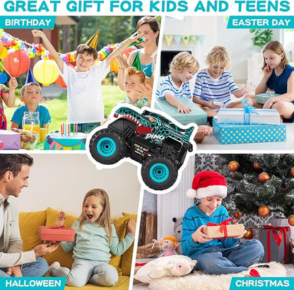 DYODYORC Remote Control Car, 2.4Ghz All Terrain Dinosaur Monster Truck Toys, RC Truck with Music, 3 Lighting Effects, 360 Stunt Capable, All Included Ready to Run, Toy Gifts for Boys and Girls (Cyan)