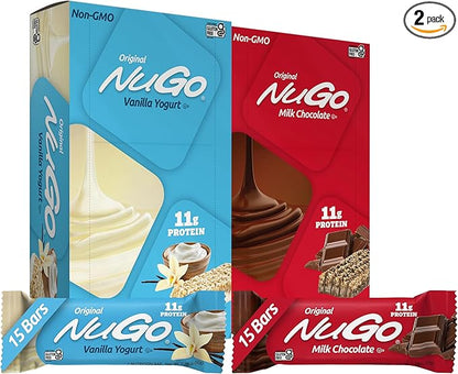 NuGo Original Variety, Vanilla Yogurt 15 bars & Chocolate 15 bars, 11g Protein, Gluten Free, 30 Count