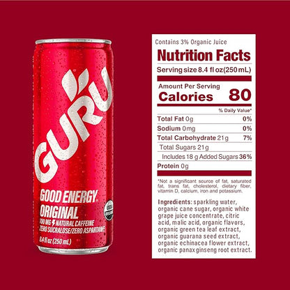 GURU Original Organic Energy Drinks, Clean Energy Drink with Plant Based Natural Caffeine from Green Tea, Gluten Free and Vegan, 100MG Caffeine, Healthy Drinks, 8.4oz (Pack of 24)