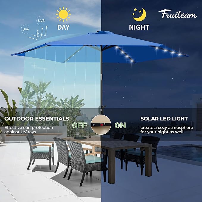 FRUITEAM Solar Patio Umbrella Outdoor LED Swimming Pool Umbrella, 7 1/2 FT Table Umbrella with Lights Heavy Duty Patio Umbrella with Sturdy Ribs, Crank, Easy Tilt Adjustment, Aqua Blue