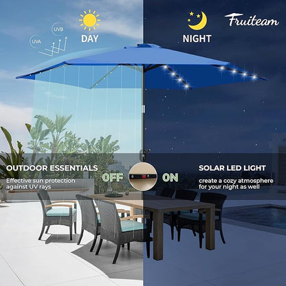 FRUITEAM Solar Patio Umbrella Outdoor LED Swimming Pool Umbrella, 7 1/2 FT Table Umbrella with Lights Heavy Duty Patio Umbrella with Sturdy Ribs, Crank, Easy Tilt Adjustment, Aqua Blue