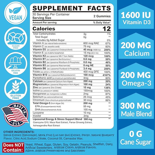 Multivitamin for Men Gummies, Vitamins A C D3 K2 E B, Zinc, Vegan Omega 3, CoQ10, Calcium, Magnesium, Lycopene - Liposomal Mens Methylated Vitamins, Energy, Immunity, Bone - Sugar Free, Vegan, 120 Cts