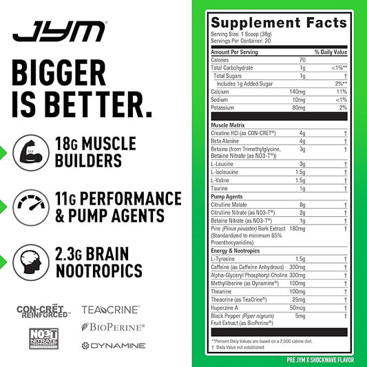 Pre JYM X Shockwave Advanced Pre-Workout Powder Massive Pumps, Citrulline Nitrate, Dynamine, NO3T Betaine, BCAA’s, Nootropics, Creatine, Beta-Alanine, JYM Supplement Science, 20 Servings