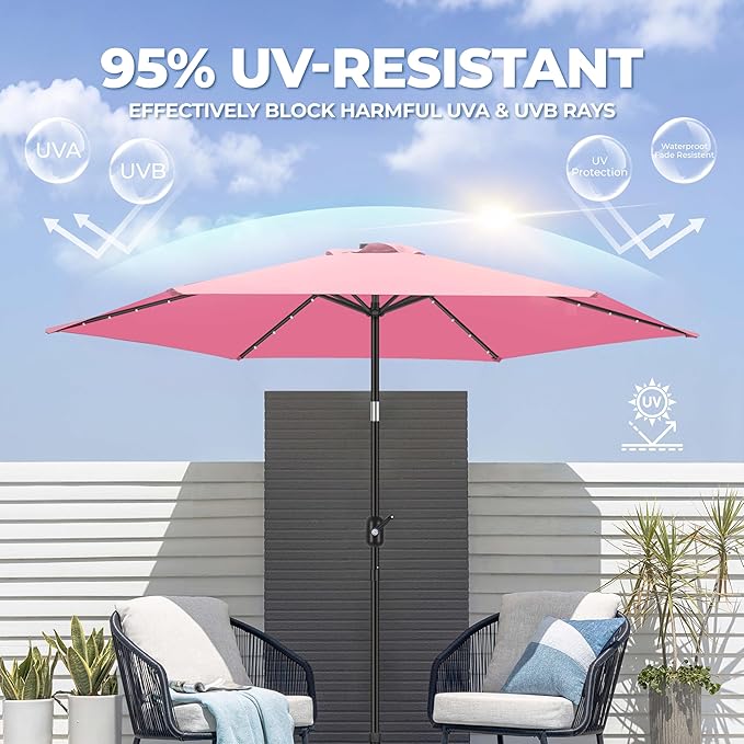 FRUITEAM Solar Lights Patio Umbrella, 7.5FT Heavy Duty Outdoor Umbrella with High-Strength Frame & LED Lights, All-Weather UV Protection Sun Shade for Poolside, Garden, Backyard (Pink)
