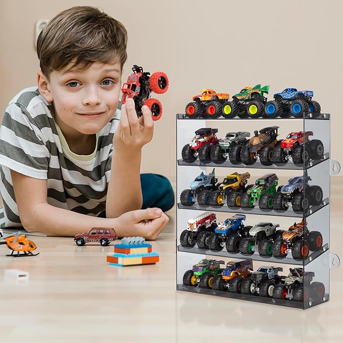 Assembly Monster Trucks Display Case Holding for 20 Monster Trucks Acrylic Storage Case 5 Tiers Monster Trucks Organizer with Tilted Design, Display Case for Toy Trucks (Gray)
