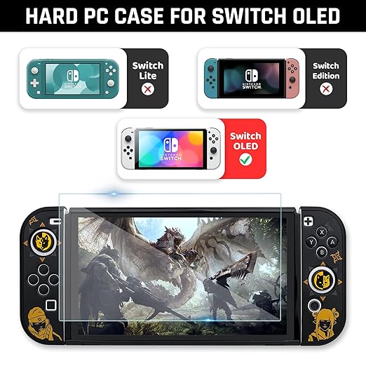 GLDRAM Carry Case for Nintendo Switch OLED Accessories, Black Switch Case Cover Bundle for Monster Hunter Rise with Travel Case, Dockable Hard PC Cover, Glass Screen Protector, Thumb Grip Caps