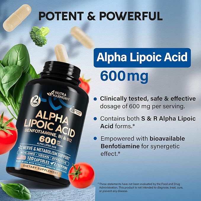 Alpha Lipoic Acid 600mg - ALA Supplement Antioxidant for Nerve, Energy & Metabolism Support - Extra Strength w/Benfotiamine, B1 & B12 - Lab Tested, NON-GMO & Vegan - 120 Capsules, 2 Month