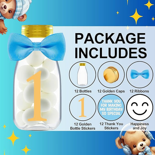 Small 12 Pack 1st Birthday Party Favors for Boys - DIY Candy Jars with Ribbons and Stickers - Baby Boy Party Decoration Bottles for First Birthday Bash - One Year Old Table Centerpieces