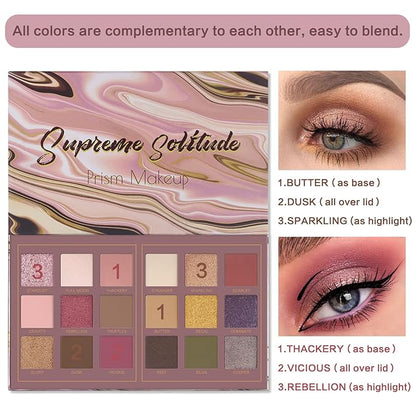 Prism Makeup Matte Eyeshadow Palette Pro 18 Colors Pigmented Shimmer Glitter Eye Shadow Palette, Blendable Long Lasting Waterproof Makeup Cosmetics Halloween Makeup Kit (02# Solitude)