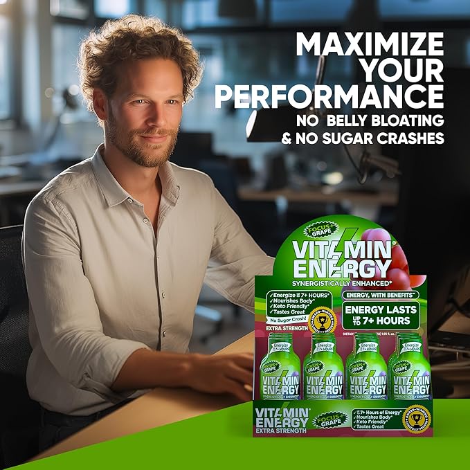 Vitamin Energy Focus+ Extra Strength Daily Energy Shot – Grape – 260mg Natural Caffeine, 100% DV B-Vitamins – Focus & Productivity Support – Zero Sugar, Vegan, Kosher – 1.93 fl oz, 48-Pack