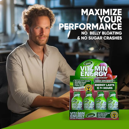 Vitamin Energy Focus+ Extra Strength Daily Energy Shot – Grape – 260mg Natural Caffeine, 100% DV B-Vitamins – Focus & Productivity Support – Zero Sugar, Vegan, Kosher – 1.93 fl oz, 24-Pack
