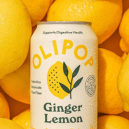 OLIPOP Prebiotic Soda Pop, Ginger Lemon, A New Kind of Soda Packed with Prebiotics, Fiber, and Botanicals, Gluten Free, Vegan, GMO Free, 12oz (12-Cans)