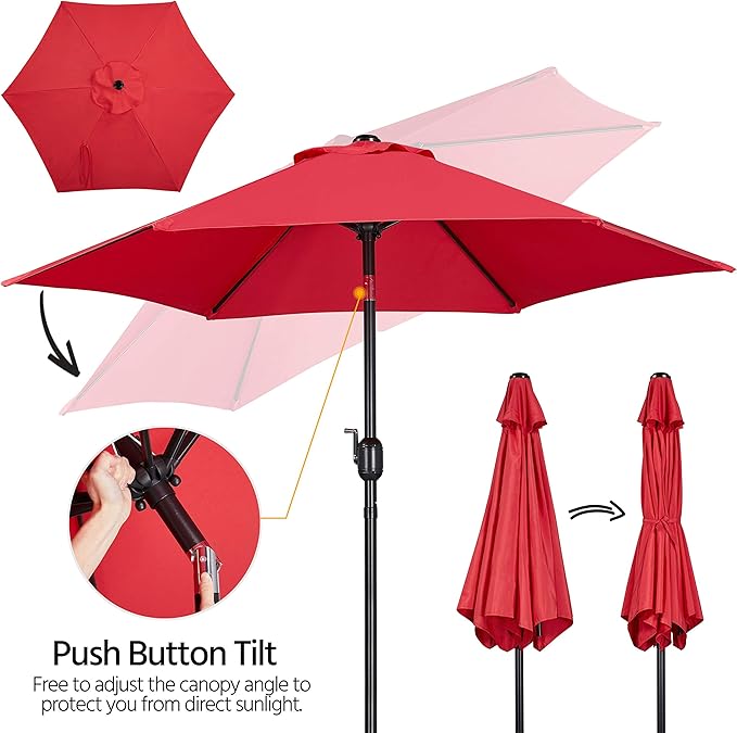 Yaheetech 7.5FT Patio Umbrella Outdoor Market Table Umbrella with 6 Sturdy Ribs, Push Button Tilt & Crank for Garden/Lawn/Deck/Backyard/Pool/Beach (Red)