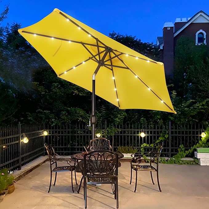 Blissun 7.5 ft Solar Umbrella, 18 LED Lighted Patio Umbrella, Table Market Umbrella