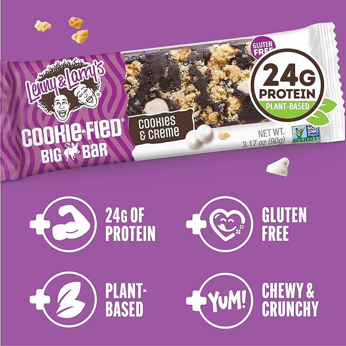 Lenny & Larry's Cookie-fied BIG BAR – Cookies and Creme Vegan Protein Bars 12x90g – Healthy Snacks, 24g Plant Protein & 10g Prebiotic Fiber – Gluten free Power Bar, Keto Friendly & Vegan