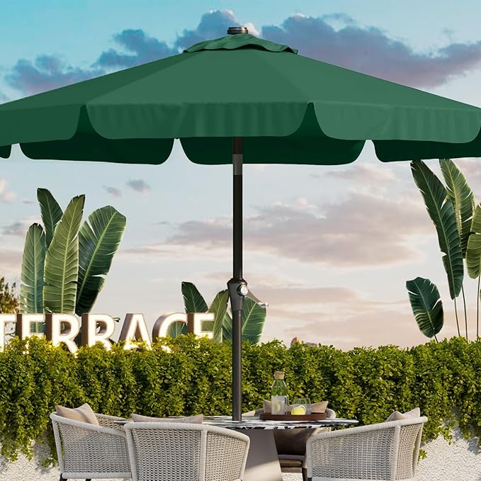 9FT Patio Umbrella Table Market Umbrella w/Tilt and Crank Outdoor Umbrellas for Garden, Deck, Backyard, Pool and Beach, Dark Green