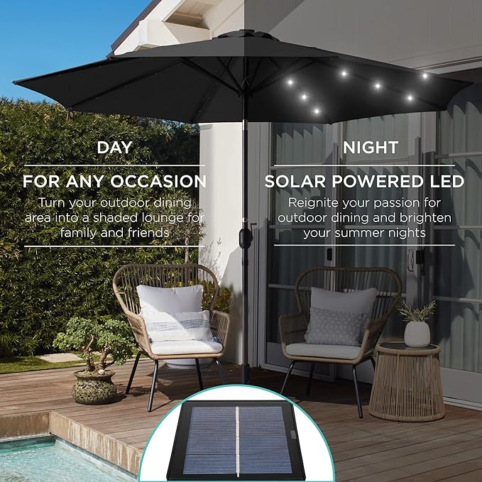 Best Choice Products 10ft Solar Polyester LED Lighted Patio Umbrella w/Tilt Adjustment and UV-Resistant Fabric - Black