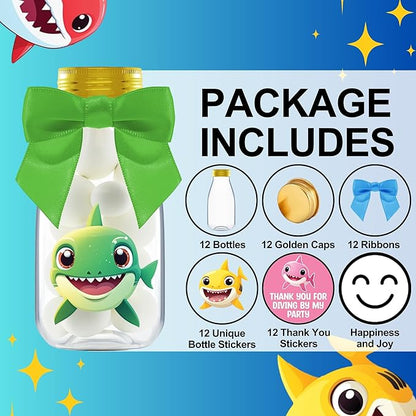 Small 12 Pack Baby Shark Party Favors - Candy Jars with Ribbons and Stickers - DIY Party Decoration Bottles for Birthday, School Classroom, and Baby Shower - Table Centerpieces for Kids