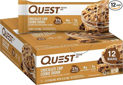 Quest Nutrition Chocolate Chip Dough Cookie Protein Bars, 21g Protein, 1g Sugar, 4g Net Carb, Gluten Free, Keto Friendy, 12 Count