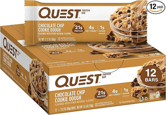 Quest Nutrition Chocolate Chip Dough Cookie Protein Bars, 21g Protein, 1g Sugar, 4g Net Carb, Gluten Free, Keto Friendy, 12 Count