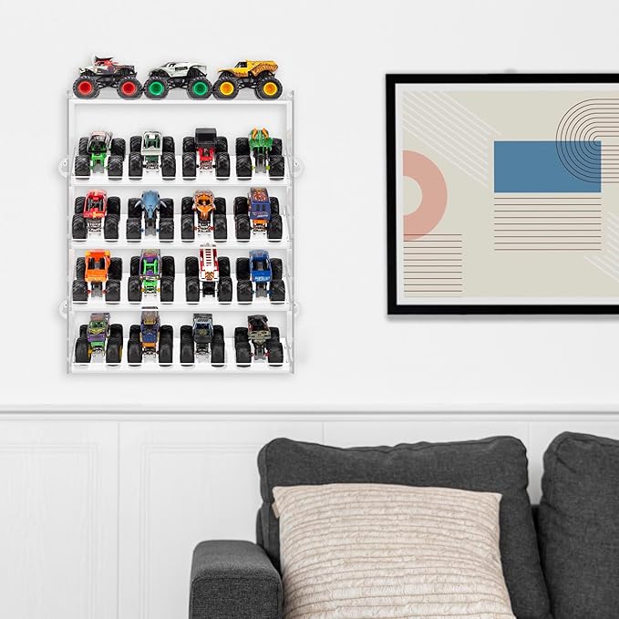 Assembly Monster Trucks Display Case Holding for 20 Monster Trucks Acrylic Storage Case 5 Tiers Monster Trucks Organizer with Tilted Design, Display Case for Toy Trucks (Transparent)