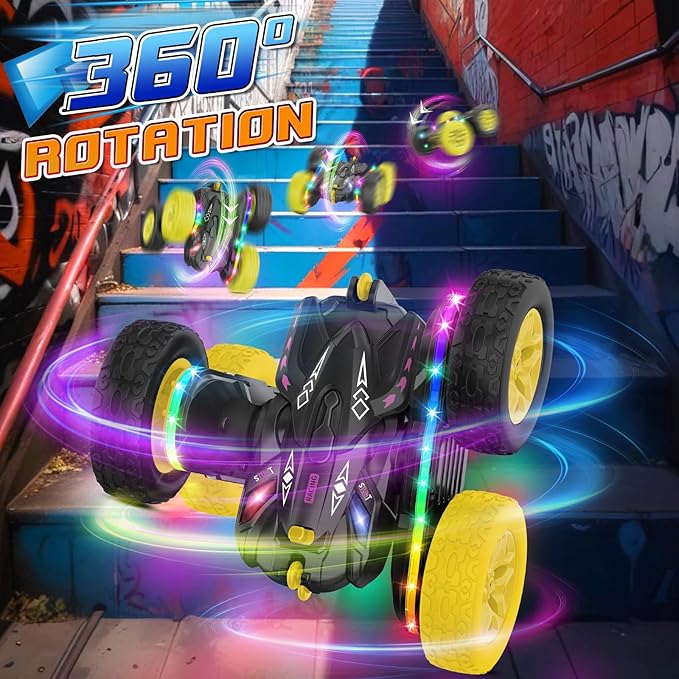 Remote Control Car,RC Cars with sides light strip and Headlights,Double Sided 360 Flips Rotating RC Stunt Car,2.4Ghz All Terrain Toys for Ages 4-6 Kids Toy for Boys Girls Birthday Gift(black)