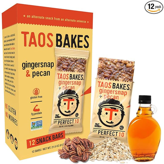 Taos Bakes - Granola Bars - Gingersnap + Pecan - 7g Protein, Gluten Free, Non-GMO, & Vegan - Healthy Snacks for Adults - Filled with Pecans, Almond Butter, & Chia Seeds (12 Pack, 1.8oz Bars)