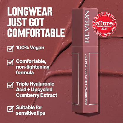 Revlon ColorStay Limitless Matte Liquid Lipstick, Vegan Formula, No-Budge, Longwear Lip Color, Long Lasting, Lightweight/Comfortable, Waterproof, 002 Poster Child, 0.17 fl oz