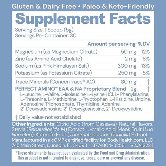 BodyHealth PerfectAmino Electrolytes Powder, Hydration Powder, Sugar Free Electrolyte Drink Mix, Keto Electrolytes Powder, Non GMO, Mixed Berry Flavor (30 Servings)