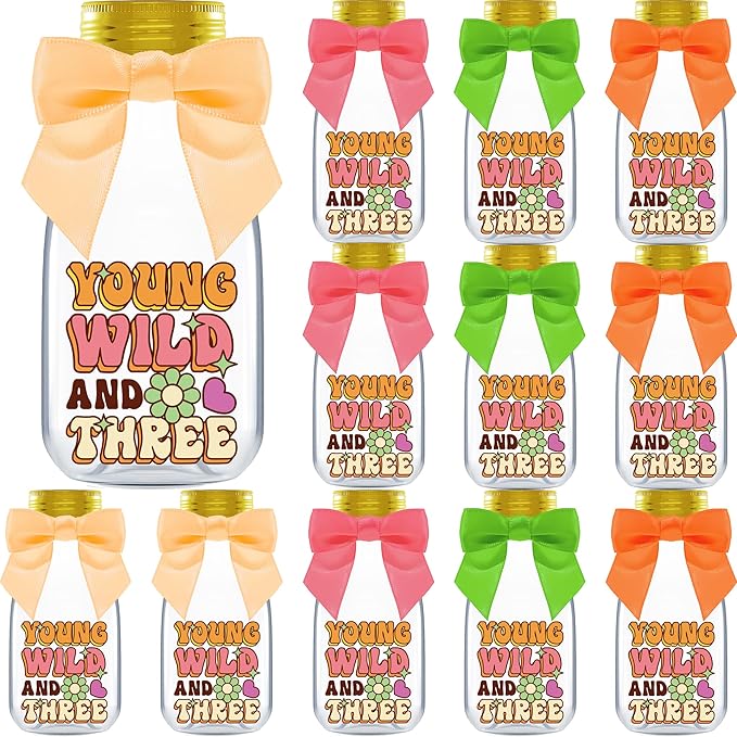 Small 12 Pack Young Wild and Three Party Favors - DIY Candy Jars with Ribbons and Stickers - Funky Groovy Party Decoration Bottles for 3rd Birthday for Boy or Girl - Retro Table Centerpieces
