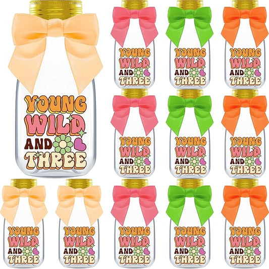 Small 12 Pack Young Wild and Three Party Favors - DIY Candy Jars with Ribbons and Stickers - Funky Groovy Party Decoration Bottles for 3rd Birthday for Boy or Girl - Retro Table Centerpieces