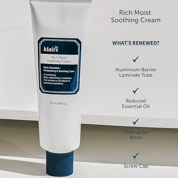 DearKlairs Rich Moist Soothing Cream 80ml, Repair Skin Barrier, Sensitive Skin, Hypoallergenic, Centella Asiatica, Ceramide, Moisturizer, Full Hydration, Non-sticky texture, Korean Moisturizer