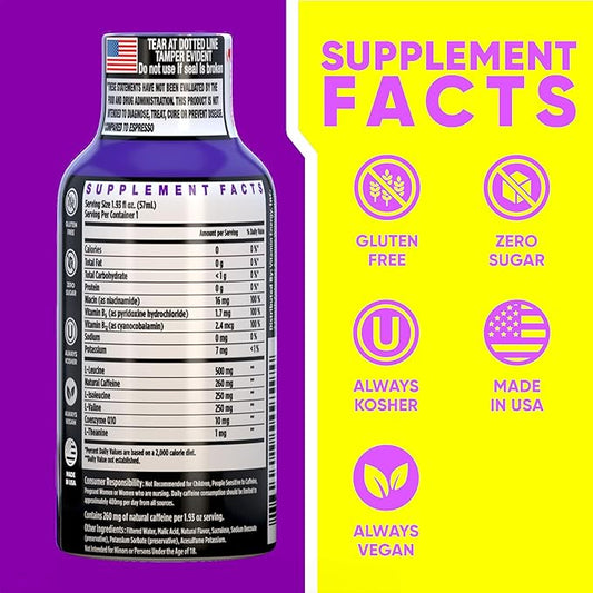 Vitamin Energy Focus+ Extra Strength Daily Energy Shot – Berry – 260mg Natural Caffeine, 100% DV B-Vitamins – Focus & Productivity Support – Zero Sugar, Vegan, Kosher – 1.93 fl oz, 48-Pack