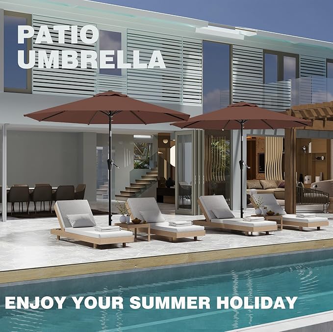 9 FT Patio Umbrella for Outdoor, Outdoor Umbrella with Push Button Tilt and Crank, Outdoor Patio Umbrellas with 8 Sturdy Ribs for Market, Garden, Deck, Backyard, Pool (Brown)