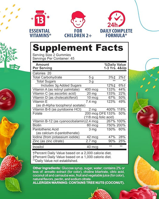 SUNNY SAM Kids Multivitamin Gummies - 90 Chewable Vitamins - Daily Supplement with 14 Essential Vitamins for Ages 2 and Above - Includes Vitamin A, C, D, E, Vegetarian B6 and B12, Zinc, Biotin
