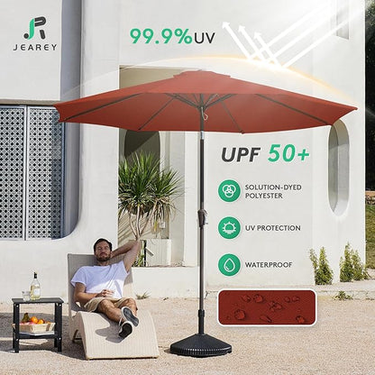 JEAREY 9FT Outdoor Patio Umbrella Outdoor Table Umbrella with Push Button Tilt and Crank, Market Umbrella 8 Sturdy Ribs UV Protection Waterproof for Garden, Deck, Backyard, Pool (Deep Red)