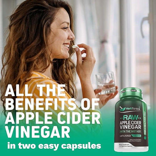 Herbtonics Raw Apple Cider Vinegar Capsules with Mother | Detox & Digestive Health Formula | Unfiltered ACV for Metabolic Support | 120 Vegan Capsules