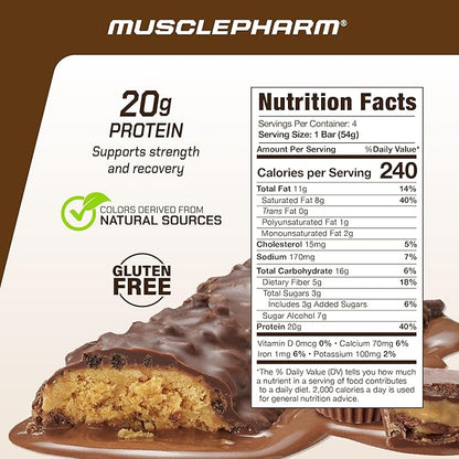 MusclePharm Combat Ready Chocolate Peanut Butter Cup, High Protein Bars, Combat Cravings, Fuel Performance & Meet Energy Demands, 20g Protein from Whey Protein, 5g Fiber, Gluten Free, 4 Bars
